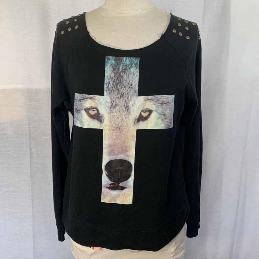 Wolf Cross Studded Pullover Sweater